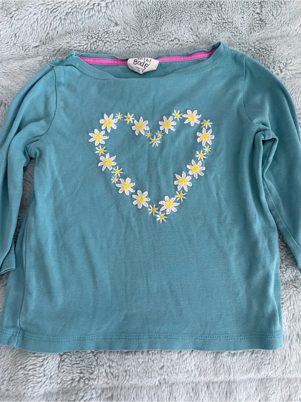 Mini Boden Teal 3/4 Sleeve Tee with Floral Heart Embroidery